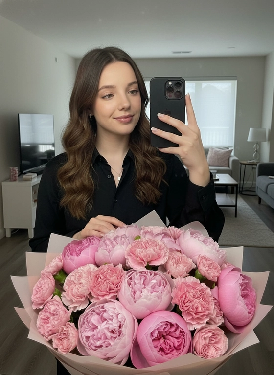 Селфи в зеркале с букетом
