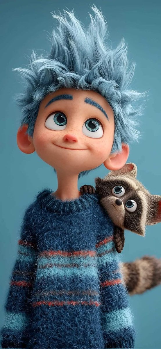 Мальчик с енотом в стиле Pixar
